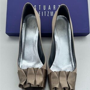 Stuart Weitzman Taupe Satin Heels with Bow Detail